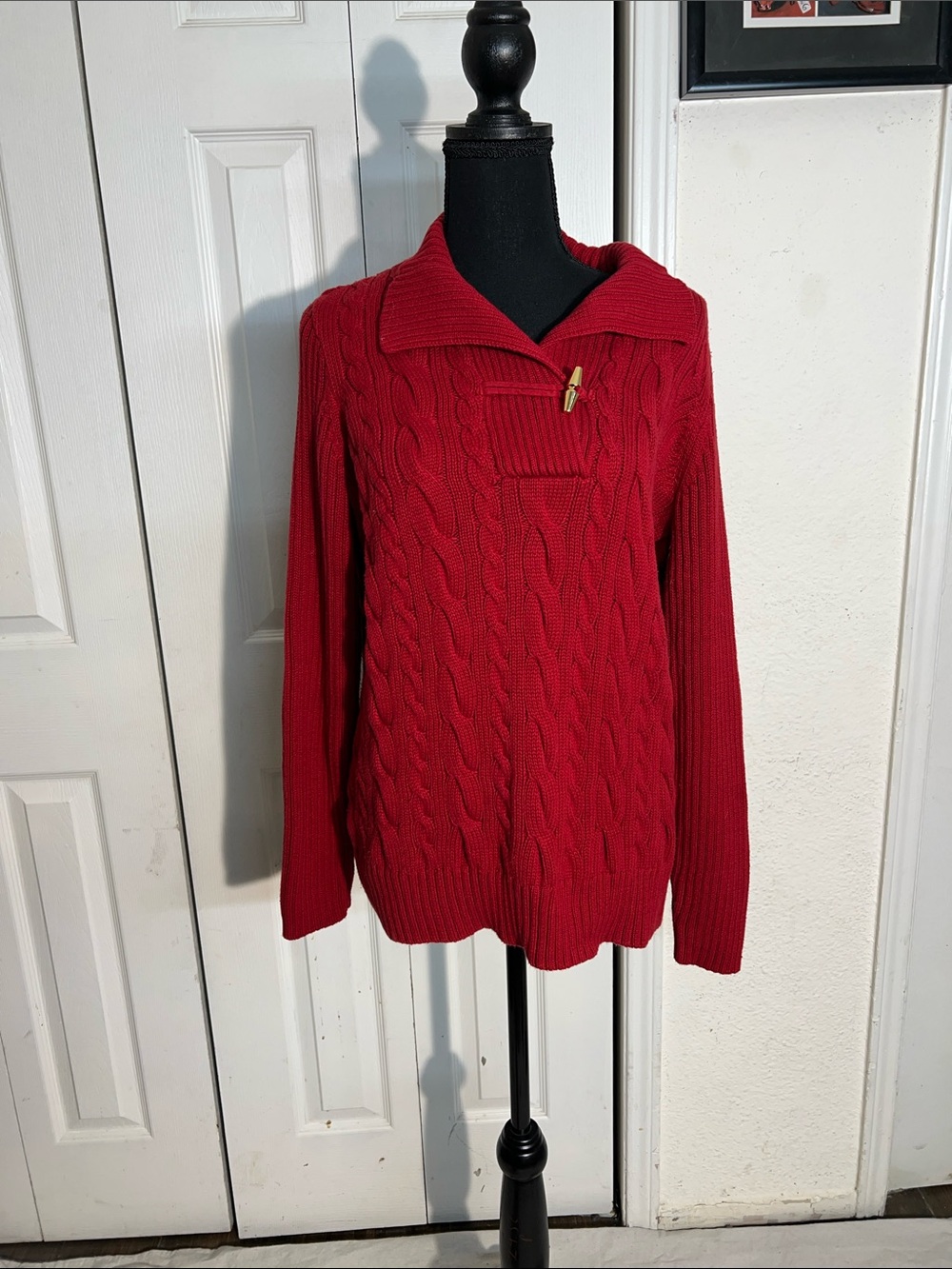 Champs Red Cable-Knit Crewneck Sweater with Shawl Collar